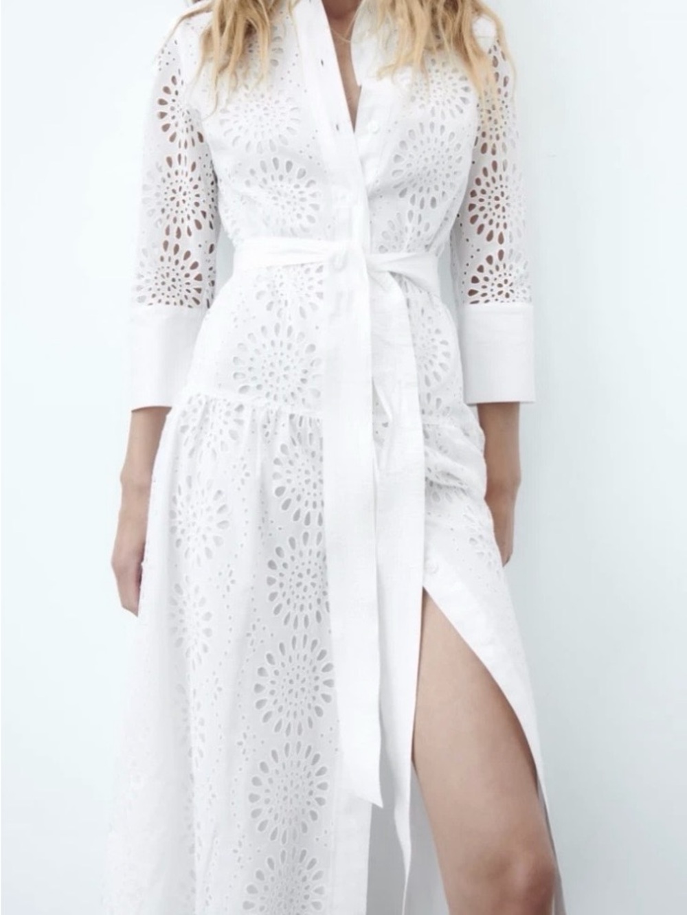 Zara White Eyelet Long-Sleeve Shirt Dress with Waist Tie